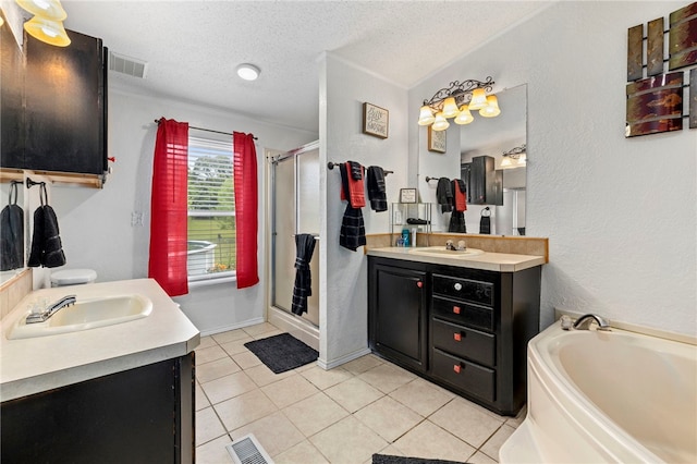 18246 Oakridge Rd, Springdale, AR 72764 - bathroom with two vanities, a textured ceiling, a shower stall, a bath, and tile patterned flooring