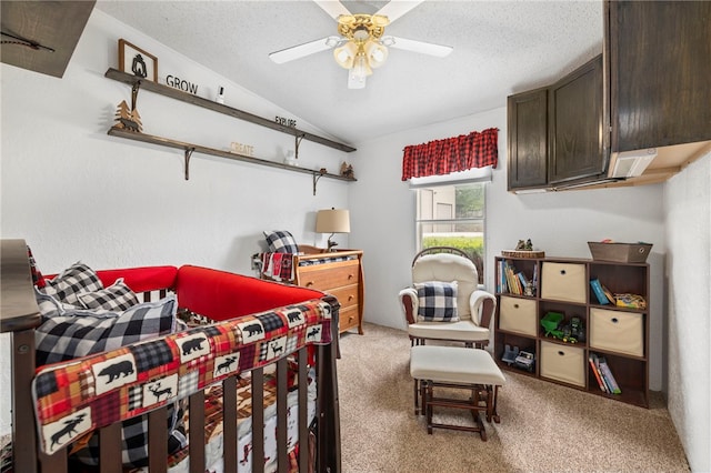18246 Oakridge Rd, Springdale, AR 72764 - carpeted bedroom featuring lofted ceiling, a textured ceiling, and a ceiling fan