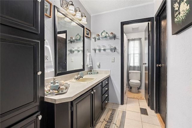 18246 Oakridge Rd, Springdale, AR 72764 - bathroom featuring vanity, tile patterned floors, a textured wall, toilet, and crown molding