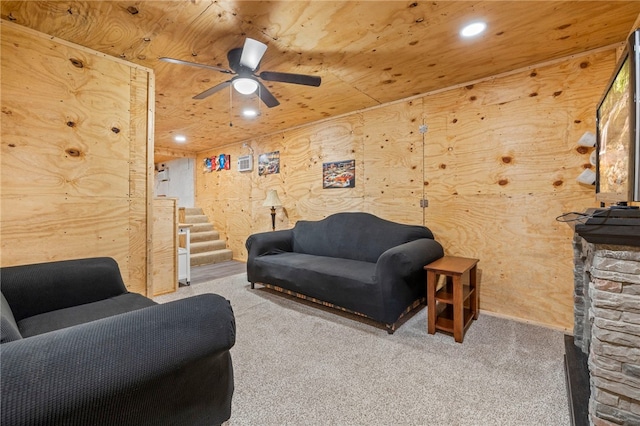 18246 Oakridge Rd, Springdale, AR 72764 - carpeted living room with stairway, recessed lighting, a ceiling fan, and wooden ceiling