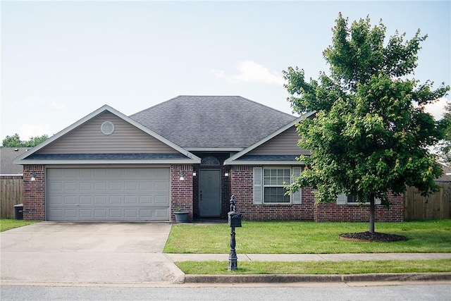 609 Buffalo Ln, Springdale, AR 72764 - view of front facade with brick siding, a garage, concrete driveway, a shingled roof, and central AC unit