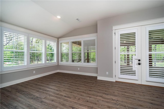 19643 Indigo Dr, Rogers, AR 72756 - unfurnished room with dark wood-style floors, lofted ceiling, and baseboards