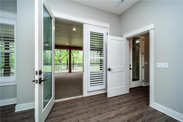 19643 Indigo Dr, Rogers, AR 72756 - doorway to outside featuring baseboards, dark wood finished floors, and french doors