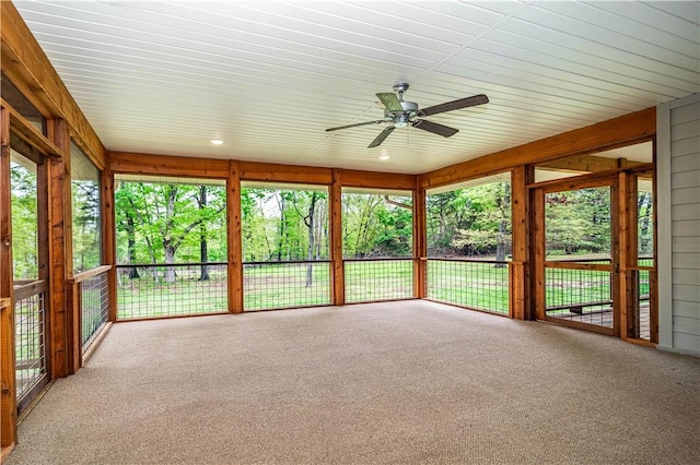 19643 Indigo Dr, Rogers, AR 72756 - unfurnished sunroom featuring ceiling fan, carpet flooring, and plenty of natural light