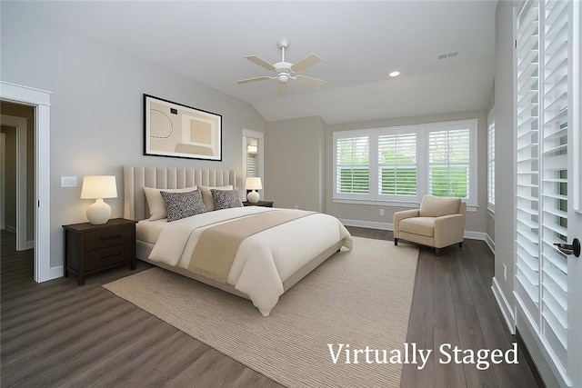 19643 Indigo Dr, Rogers, AR 72756 - bedroom featuring wood finished floors, lofted ceiling, ceiling fan, and recessed lighting