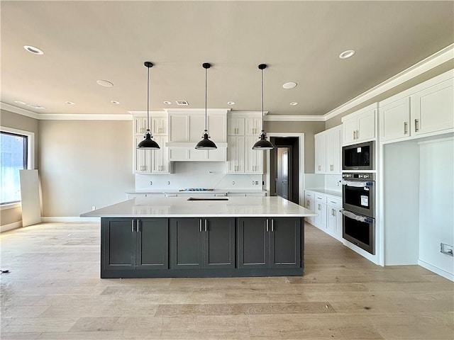 6702 SW Brilliance Ter, Bentonville, AR 72713 - kitchen with crown molding, white cabinets, light countertops, double oven, and light wood-style floors