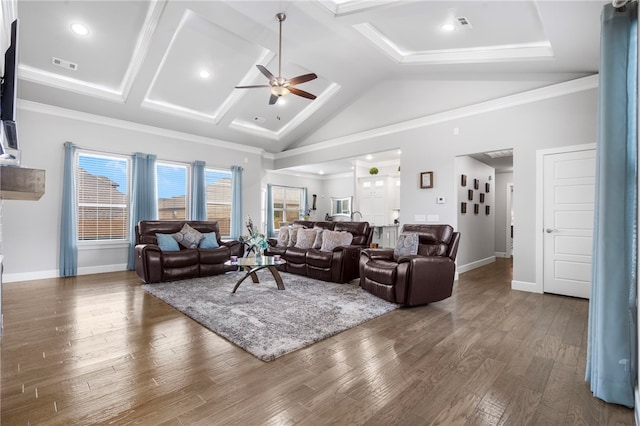 531 Chaparral St, Centerton, AR 72719 - living room featuring ceiling fan, baseboards, wood finished floors, and crown molding