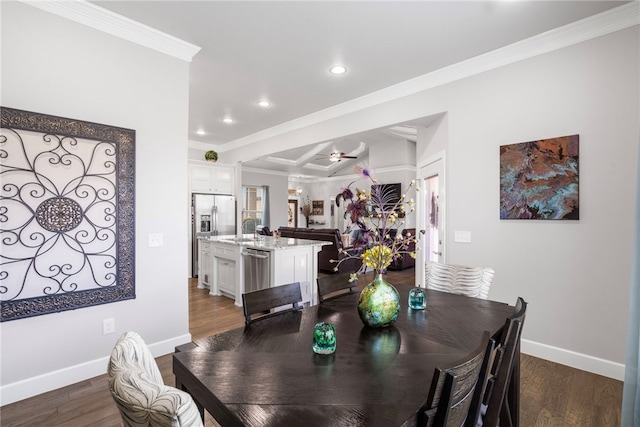 531 Chaparral St, Centerton, AR 72719 - dining space featuring crown molding, baseboards, recessed lighting, dark wood-style floors, and a ceiling fan