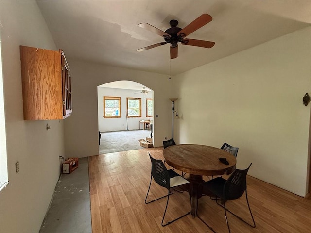 120 Walnut Rdg, Berryville, AR 72616 - dining room featuring a ceiling fan, arched walkways, and light wood-style flooring