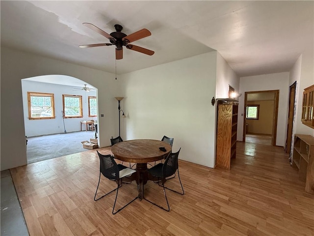 120 Walnut Rdg, Berryville, AR 72616 - dining room featuring ceiling fan, light wood-style flooring, and arched walkways