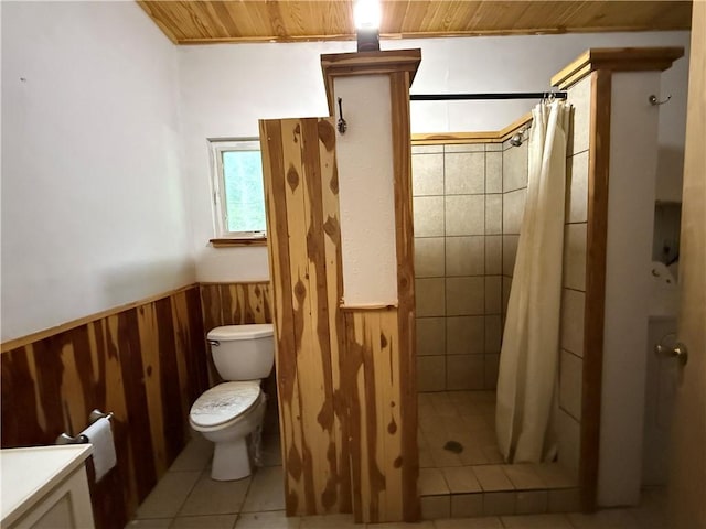 120 Walnut Rdg, Berryville, AR 72616 - full bathroom with wood ceiling, wainscoting, wood walls, a shower stall, and tile patterned floors