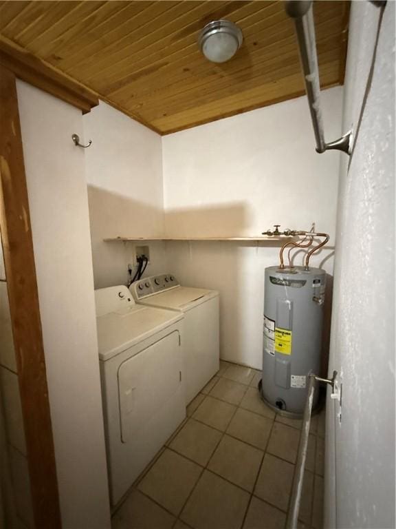 120 Walnut Rdg, Berryville, AR 72616 - laundry area featuring wooden ceiling, water heater, washer and clothes dryer, and light tile patterned floors