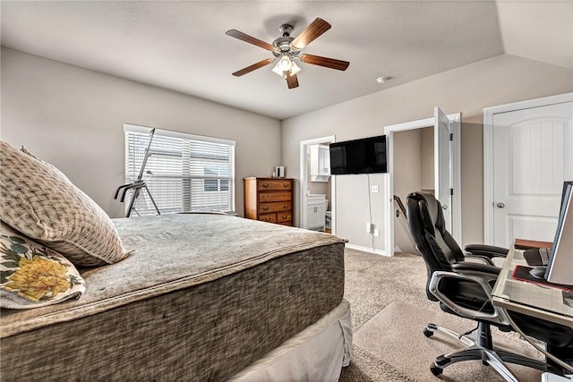 1300 Eureka Rd, Centerton, AR 72719 - bedroom featuring light carpet, an office area, ceiling fan, and ensuite bathroom