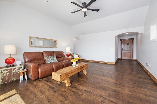 6108 SW Lee Ln, Bentonville, AR 72713 - living area with arched walkways, lofted ceiling, ceiling fan, wood finished floors, and baseboards
