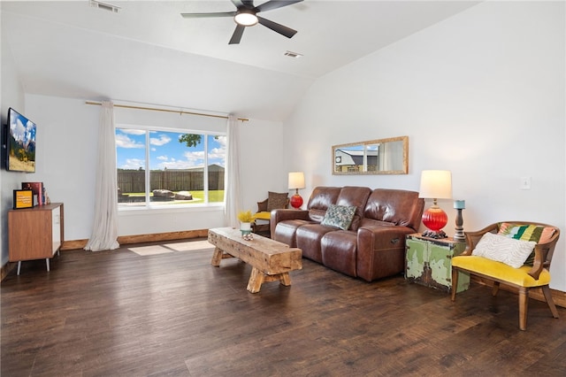 6108 SW Lee Ln, Bentonville, AR 72713 - living room with ceiling fan, lofted ceiling, wood finished floors, and baseboards