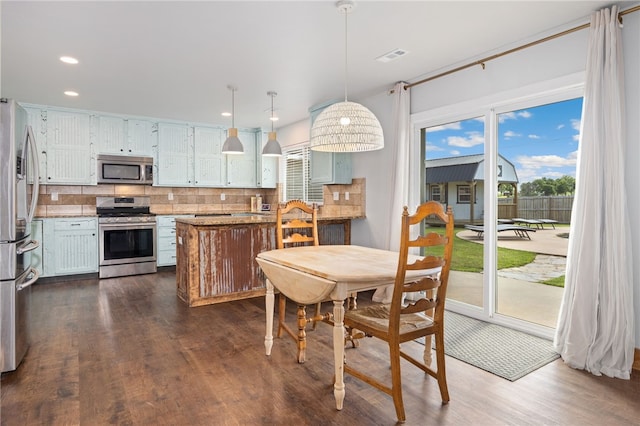 6108 SW Lee Ln, Bentonville, AR 72713 - kitchen with appliances with stainless steel finishes, tasteful backsplash, dark wood-style floors, recessed lighting, and pendant lighting