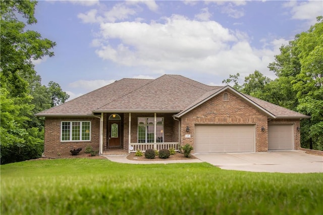 18 Cheviot Ln, Bella Vista, AR 72715 - ranch-style house featuring brick siding, a garage, covered porch, a front lawn, and concrete driveway