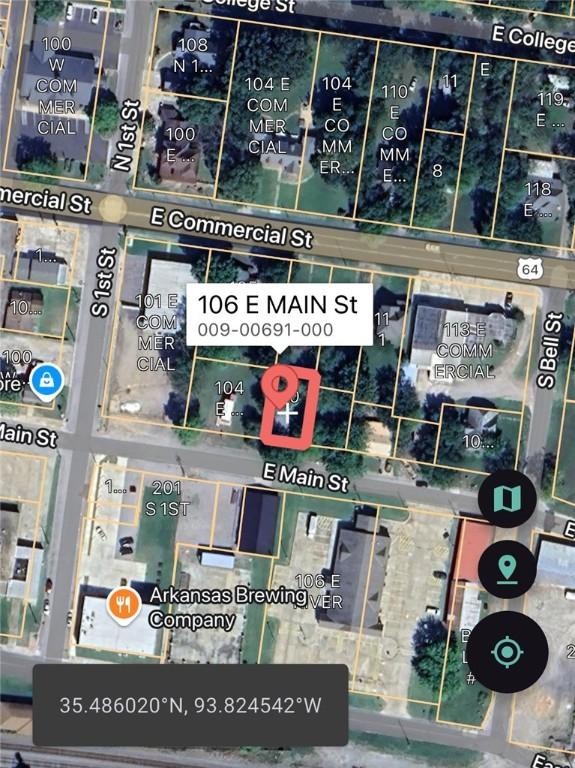 106 E Main St, Ozark, AR 72949 - aerial map of property and surrounding area with property boundaries highlighted
