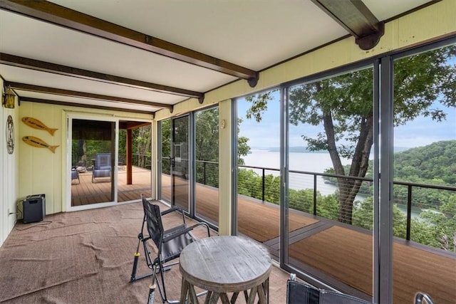 326 Hillcrest Rd, Eureka Springs, AR 72631 - sunroom / solarium featuring a water view, beamed ceiling, and plenty of natural light