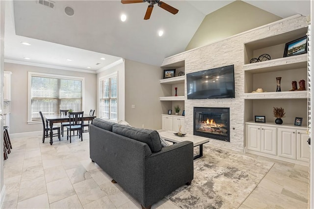 5304 S Promontory Ct, Rogers, AR 72758 - living room featuring built in shelves, a ceiling fan, a stone fireplace, recessed lighting, and ornamental molding