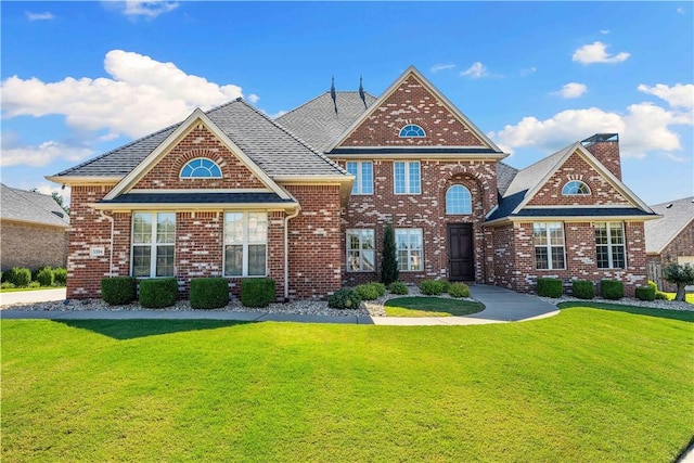 5304 S Promontory Ct, Rogers, AR 72758 - view of front of house featuring a front yard, brick siding, a chimney, and a shingled roof