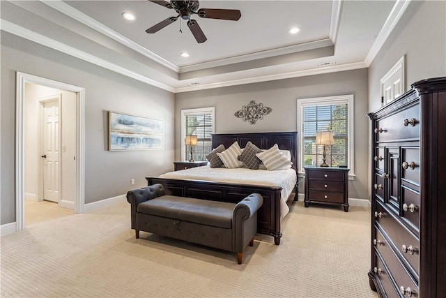 5304 S Promontory Ct, Rogers, AR 72758 - bedroom featuring light carpet, crown molding, a tray ceiling, multiple windows, and recessed lighting
