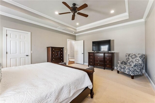 5304 S Promontory Ct, Rogers, AR 72758 - bedroom featuring light colored carpet, a raised ceiling, recessed lighting, ornamental molding, and ceiling fan