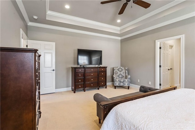 5304 S Promontory Ct, Rogers, AR 72758 - bedroom featuring light colored carpet, crown molding, a raised ceiling, recessed lighting, and ceiling fan