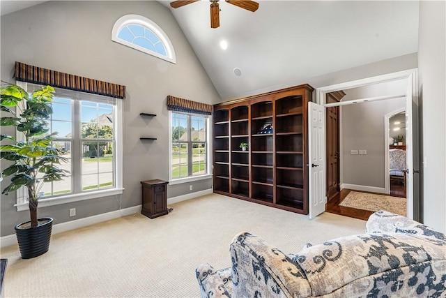 5304 S Promontory Ct, Rogers, AR 72758 - unfurnished room featuring plenty of natural light, ceiling fan, high vaulted ceiling, and carpet flooring