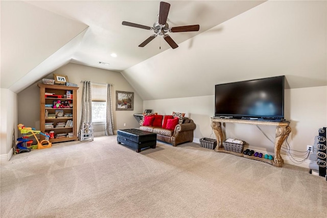 5500 SW Gunstock Rd, Bentonville, AR 72713 - living area featuring carpet, vaulted ceiling, a ceiling fan, and baseboards