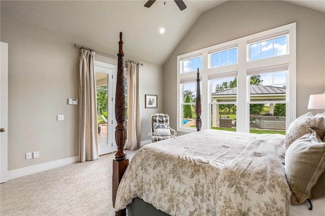 5500 SW Gunstock Rd, Bentonville, AR 72713 - carpeted bedroom featuring access to outside, baseboards, recessed lighting, ceiling fan, and high vaulted ceiling