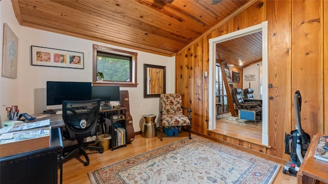 5 Alexander St, Eureka Springs, AR 72632 - home office featuring wooden ceiling, wood finished floors, wooden walls, and baseboards