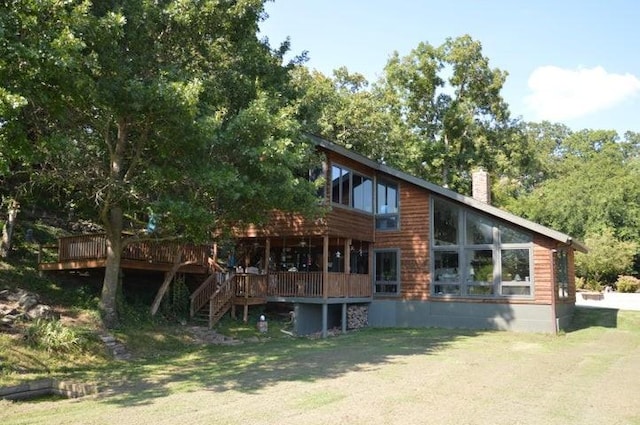 11328 Jolly Mill Ln, Pierce City, MO 65723 - back of house with a chimney, a deck, and stairway