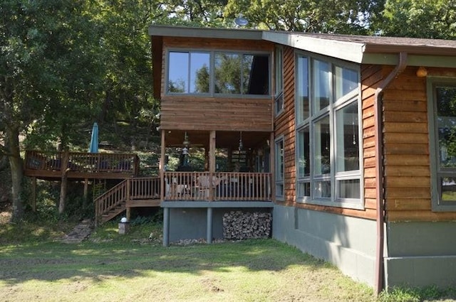 11328 Jolly Mill Ln, Pierce City, MO 65723 - rear view of house with a deck, a yard, and stairway