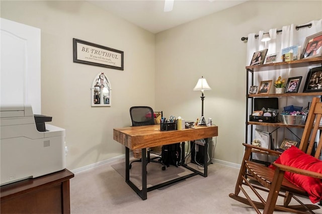 2 Moniave Ln, Bella Vista, AR 72715 - home office with light carpet, baseboards, and ceiling fan