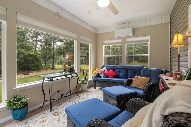 2 Moniave Ln, Bella Vista, AR 72715 - sunroom with a wall mounted AC, outdoor lounge area, ceiling fan, and plenty of natural light