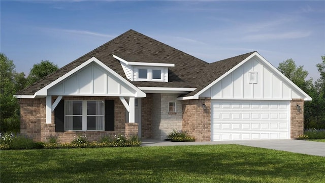 9300 S Pleasant Valley Rd, Gentry, AR 72734 - view of front facade featuring board and batten siding, driveway, a front yard, an attached garage, and roof with shingles