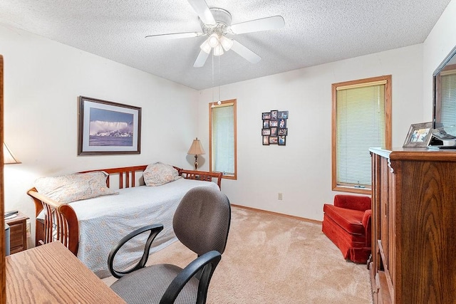 11 Yarmouth Dr, Bella Vista, AR 72715 - bedroom with light colored carpet, a textured ceiling, a ceiling fan, and baseboards
