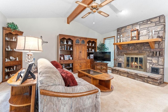11 Yarmouth Dr, Bella Vista, AR 72715 - carpeted living room with a ceiling fan and a stone fireplace