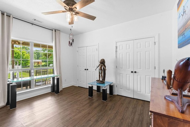 12976 Hummingbird Rd, Elkins, AR 72727 - office with dark wood finished floors and a ceiling fan