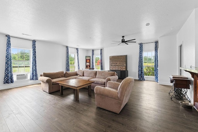 12976 Hummingbird Rd, Elkins, AR 72727 - living area featuring a textured ceiling, dark wood-style flooring, plenty of natural light, a ceiling fan, and baseboards