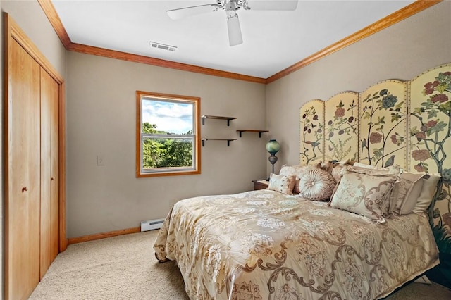 51 NW Ridge Rd, Eureka Springs, AR 72631 - carpeted bedroom with a baseboard radiator, a closet, baseboards, crown molding, and ceiling fan