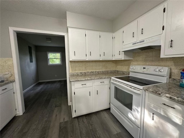 154 Mc 7059, Flippin, AR 72634 - kitchen featuring white electric range, under cabinet range hood, backsplash, white cabinets, and dark wood finished floors