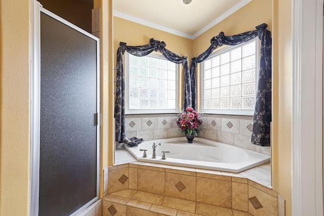 19537 Eastfork Ln, Gravette, AR 72736 - bathroom featuring healthy amount of natural light, a shower stall, a bath, and ornamental molding