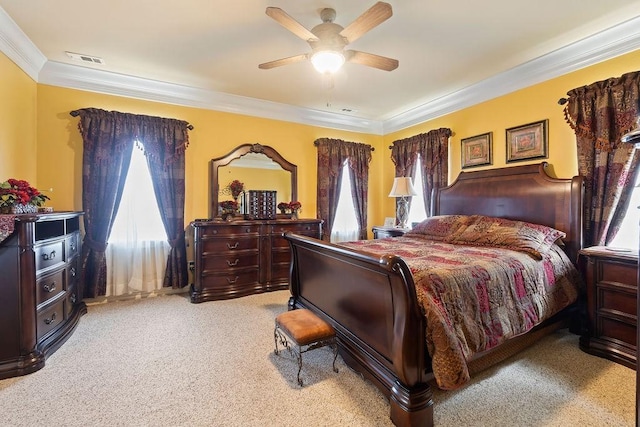 19537 Eastfork Ln, Gravette, AR 72736 - bedroom with crown molding, light colored carpet, and ceiling fan