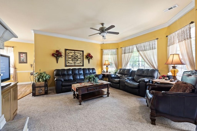 19537 Eastfork Ln, Gravette, AR 72736 - living area featuring a ceiling fan, light carpet, and crown molding