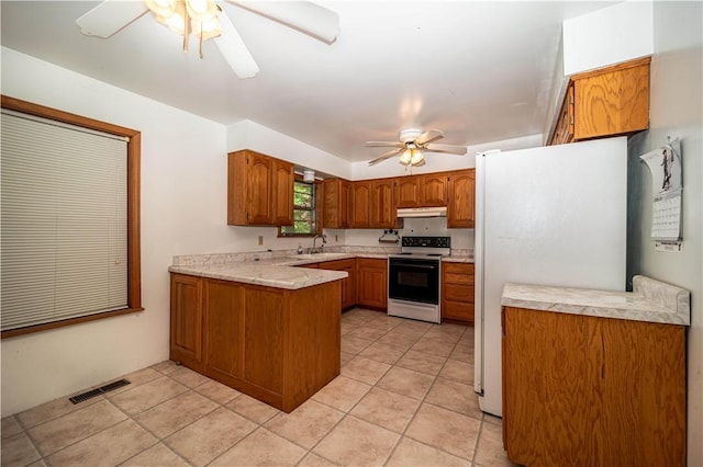 585 County Road 217, Berryville, AR 72616 - kitchen with electric stove, ceiling fan, a peninsula, and under cabinet range hood