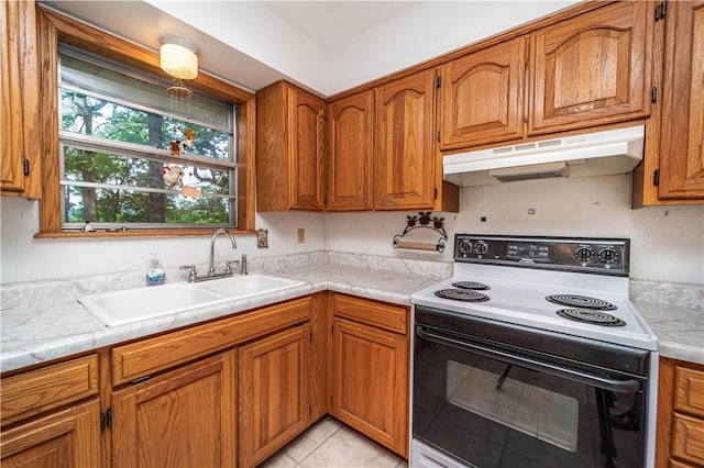 585 County Road 217, Berryville, AR 72616 - kitchen featuring electric range oven, under cabinet range hood, a sink, and light countertops