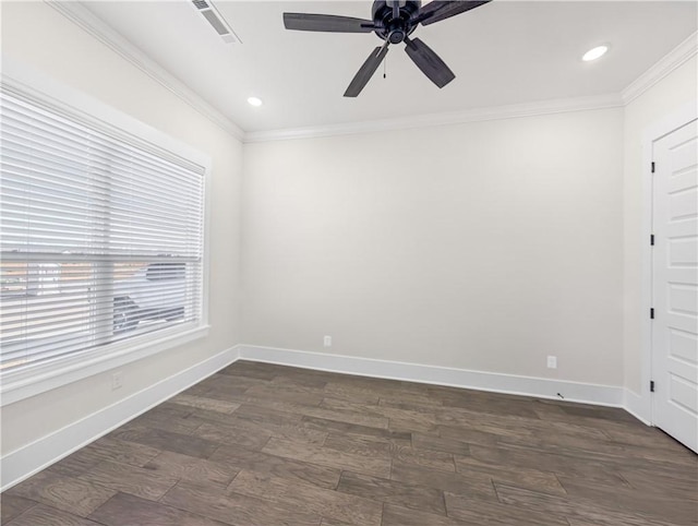 1821 Bluestem Dr, Centerton, AR 72719 - spare room with ornamental molding, dark wood-style floors, ceiling fan, baseboards, and recessed lighting