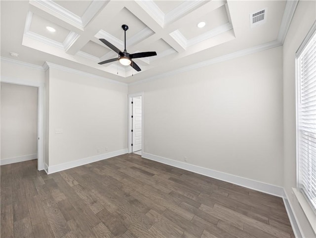 1821 Bluestem Dr, Centerton, AR 72719 - unfurnished bedroom with ornamental molding, coffered ceiling, dark wood-style floors, beamed ceiling, and baseboards